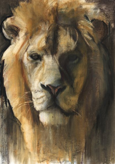 Asiatischer Löwe, 2015, (Pigment, Pastell und Conté auf Papier) von Mark Adlington