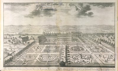Vogelperspektive der Gärten des Kensington Palace, graviert von Johannes Kip, veröffentlicht von J. Smith, 1724 von Mark Anthony Hauduroy