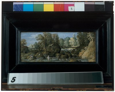 Landschaft mit Wassermühle, Brücke über einen Fluss und Fischer im Vordergrund von Marten Ryckaert
