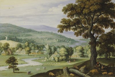 Ein Flusstal mit einem Schweinehirten, der unter einem Baum ruht, ein Weiler dahinter von Marten Ryckaert