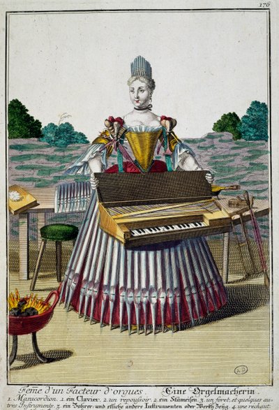 Frau des Orgelbauers, Gravur aus Assemblage des nouveau manouvries habilles von Martin Engelbrecht (1684-1756), Deutschland von Martin Engelbrecht