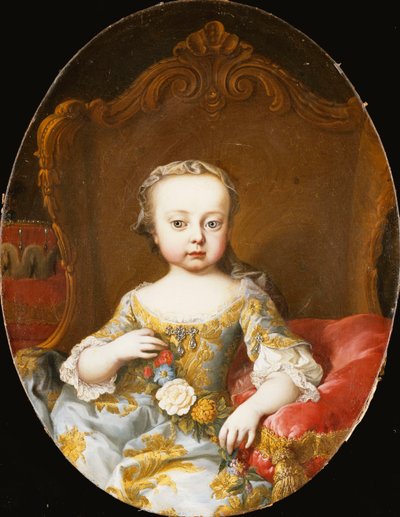Porträt seiner Schwester, der Erzherzogin Maria Christine, sitzend, Dreiviertellänge, in einem goldbestickten blauen Kleid, eine Blumengirlande haltend von Martin Meytens the Younger