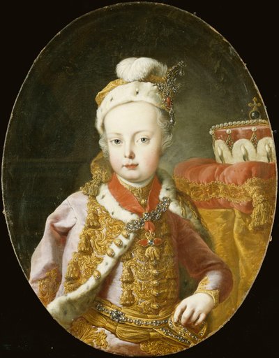 Porträt des Erzherzogs Joseph, später Kaiser Joseph II. von Österreich, halbe Länge, in einer goldbestickten rosa Samtjacke mit Hermelinbesatz, einer mit einer Brosche verzierten Federkappe und dem Orden vom Goldenen Vlies von Martin Meytens the Younger