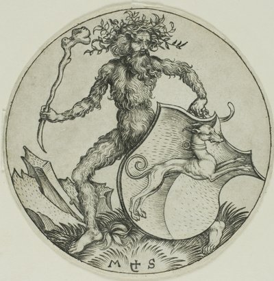 Schild mit einem Windhund, gehalten von einem wilden Mann von Martin Schongauer