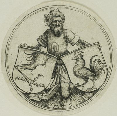 Schild mit einem Greifenfuß und Schild mit einem Hahn, gehalten von einem Mohr von Martin Schongauer