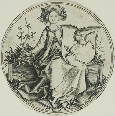 Schild mit einem Einhorn, gehalten von einer Dame von Martin Schongauer