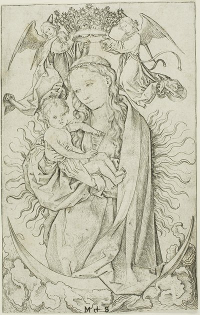 Die Madonna auf der Mondsichel, gekrönt von zwei Engeln von Martin Schongauer