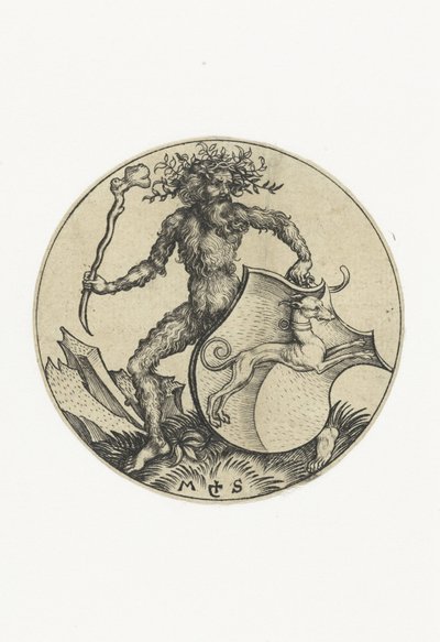 Wappen mit einem Hund, gehalten von einem wilden Mann mit einer Keule von Martin Schongauer