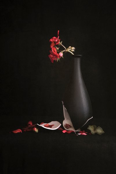 Zerbrochene Vase rote Blumen von Martine Benezech