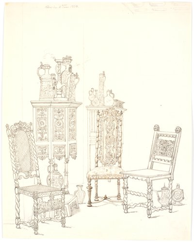 Alte Stühle und Schränke mit Steingut von Martinus Rørbye