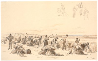 Erntearbeiter auf dem Feld. Im Hintergrund Mühlen und das Meer von Martinus Rørbye