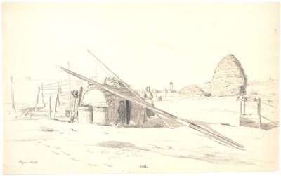 Fischerhütte in Skagen Østerby, mit dem weißen Leuchtturm im Hintergrund von Martinus Rørbye