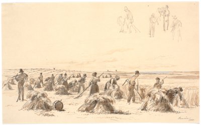 Erntearbeiter auf dem Feld. Im Hintergrund Mühlen und das Meer von Martinus Rørbye