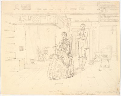 Norwegisches Bauernhaus mit "Anne Oles Datter und Ole Christofersøn Gulsvig" von Martinus Rørbye