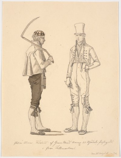 Stehender Bauer mit Sense und Bauer in Festtagskleidung von Martinus Rørbye