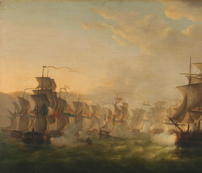 Zusammenstoß der niederländischen und britischen Flotten während der Passage der niederländischen Flottille nach Boulogne (1804) von Martinus Schouman (signed by artist)