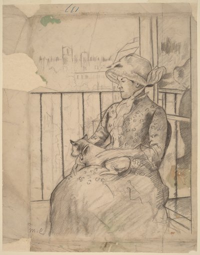 Susan auf einem Balkon mit einem Hund [recto] von Mary Cassatt