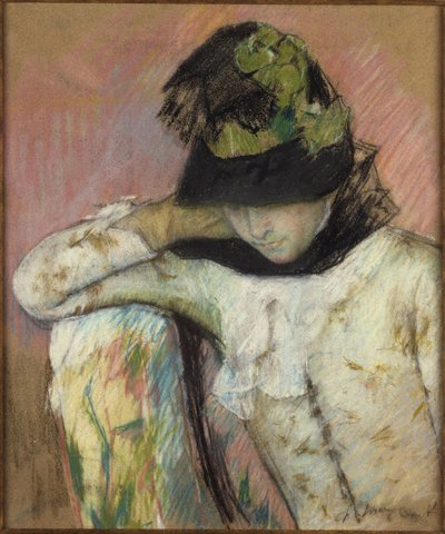Junge Frau mit schwarzem und grünem Hut, nach unten blickend von Mary Cassatt