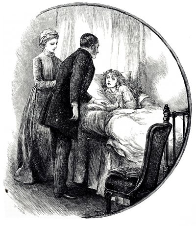 Eine Gravur, die einen Arzt zeigt, der seinen jungen Patienten zu Hause besucht. Illustriert von Mary Ellen Edwards (1838-1934), einer englischen Künstlerin und produktiven Illustratorin von Kinderbüchern von Mary Ellen Edwards