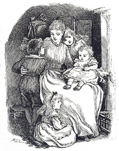 Illustration, die eine Mutter mit ihren Kindern darstellt von Mary Ellen Edwards