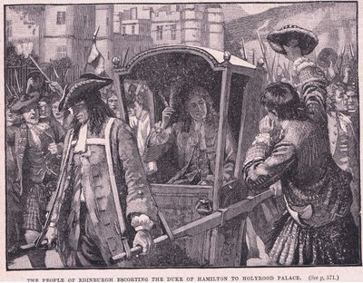 Die Menschen von Edinburgh eskortieren den Herzog von Hamilton zum Holyrood Palace AD 1706 von Mary L. Gow