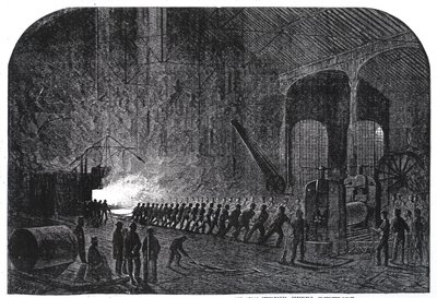 Prozess des Walzens von Panzerplatten für die Schiffe Ihrer Majestät in den Alas Stahlwerken, Sheffield, Illustration aus 