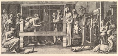 Frauen beim Spinnen, Weben und Nähen, 1540-50 von Master FG