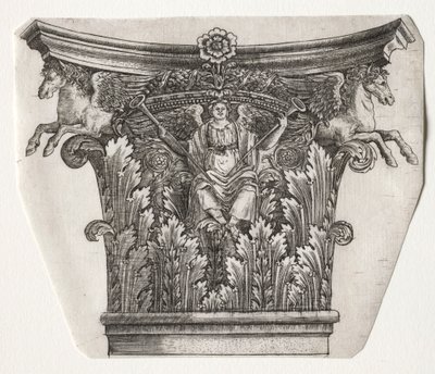 Basis und Kapitell mit Figur des Ruhms und geflügelten Pferden von Master G. A. with the man