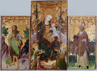 Jungfrau mit Kind, Johannes dem Täufer und Ambrosius - Altarbild mit drei Tafeln, um 1430 von Master of Burgo de Osma