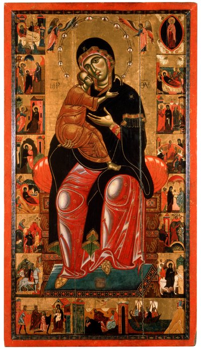 Madonna und Kind auf dem Thron mit siebzehn Szenen aus dem Leben der Jungfrau von Master of Florence