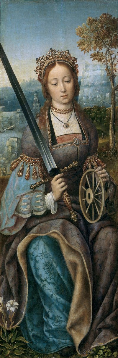 Triptychon der Heiligen Familie mit musizierenden Engeln. Linkes Panel: Heilige Katharina von Master of Frankfurt
