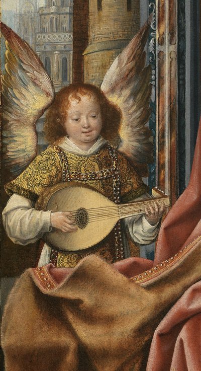 Triptychon der Heiligen Familie mit musizierenden Engeln. Detail: Der Engel, ca. 1510-1520 von Master of Frankfurt