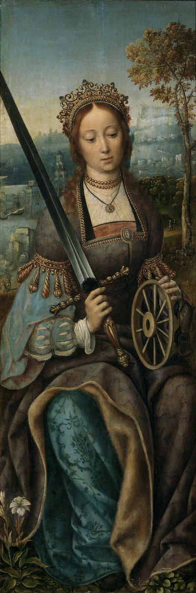 Triptychon der Heiligen Familie mit musizierenden Engeln. Linkes Panel: Heilige Katharina, ca. 1510-1520 von Master of Frankfurt