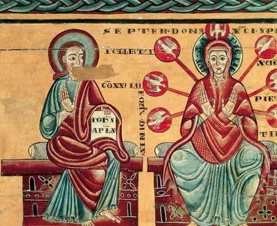 Maria empfängt die Gaben des Heiligen Geistes, Detail von Master of Lluca