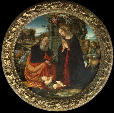 Die Geburt Christi, mit Maria und Joseph auf dem Weg nach Bethlehem, die Verkündigung an die Hirten und die Ankunft der Hirten von Master of Marradi