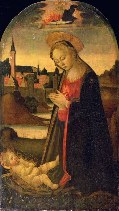 Die Madonna, die das Kind anbetet, eine Stadt an einem Fluss im Hintergrund, um 1478 von Master of San Miniato