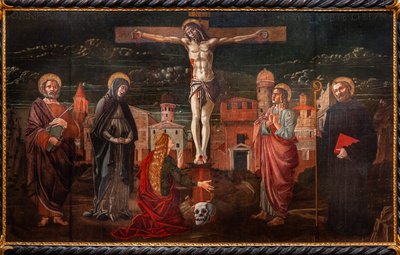 Gekreuzigter Christus unter St. Peter, der Jungfrau Maria, Maria Magdalena, St. Johannes dem Apostel und St. Benedikt von Master of St. Peter in Vicenza