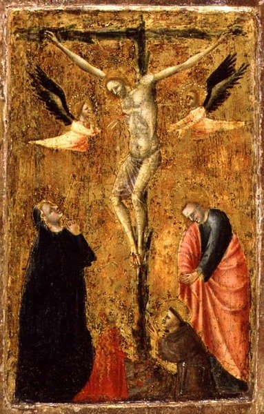 Die Kreuzigung mit der Jungfrau und den Heiligen Johannes dem Evangelisten, Franz von Assisi und Maria Magdalena, um 1345 von Master of Verrucchio