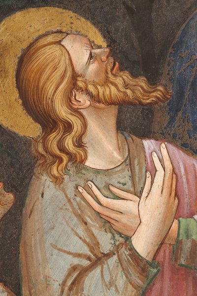 Mariä Himmelfahrt und die Jungfrau Maria, die den Gürtel oder heiligen Gürtel an St. Thomas übergibt (Detail eines Apostels) von Master of Vignola