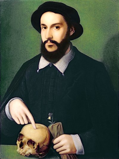 Porträt eines Gentlemans, der mit seiner rechten Hand auf einen Schädel zeigt, ca. 1540 von Master of the 1540s