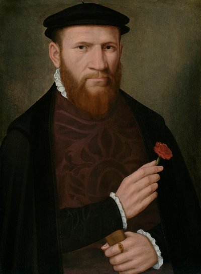 Porträt eines Mannes mit einer roten Nelke in der rechten Hand und einem Handschuh in der linken, 1540-51 von Master of the 1540s