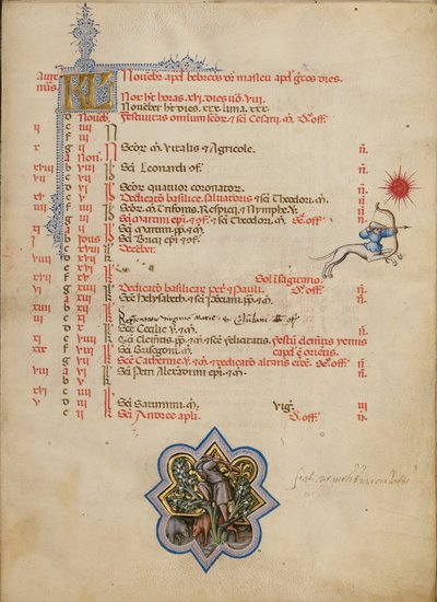 Ein Mann schlägt Eicheln von einem Baum; Tierkreiszeichen Schütze von Master of the Brussels Initials