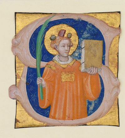 Manuskript-Illumination mit dem Heiligen Stephanus in einem Initial S, aus einem Antiphonar, Italien, ca. 1410-2 von Master of the Brussels Initials