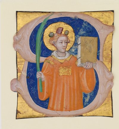 Manuskriptillumination mit dem heiligen Stephanus in einem Initial S, aus einem Antiphonar, ca. 1410-20 von Master of the Brussels Initials