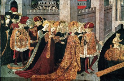 Decameron von Boccaccio: der Burgherr Pericone empfängt Alatiel, Tochter des Sultans von Babylon Beminedab und ihre Gefolgschaft auf der Insel Mallorca von Master of the Cassoni