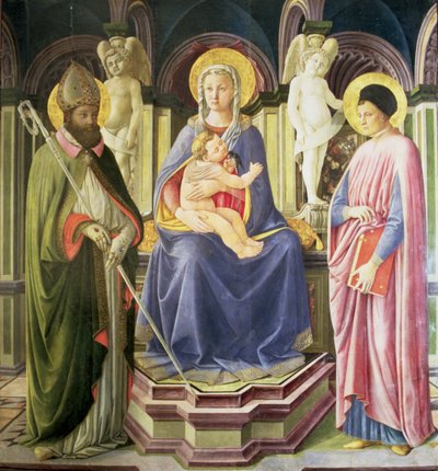 Die Madonna und das Kind mit den Heiligen Clemens und Justin von Master of the Castello Nativity