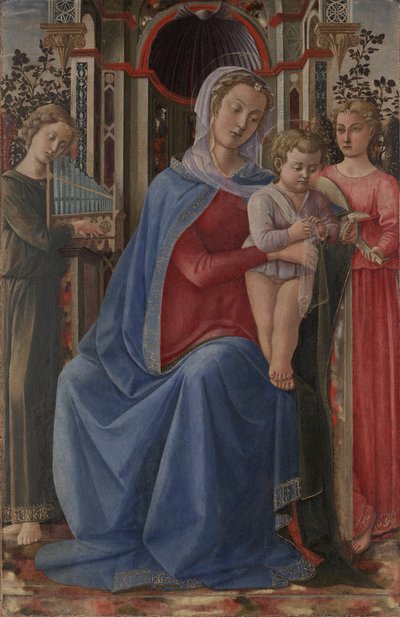 Jungfrau und Kind mit zwei Engeln von Master of the Castello Nativity