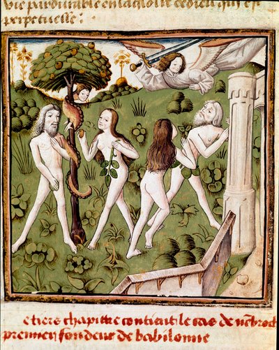 Adam und Eva pflücken die verbotene Frucht. Miniatur des Meisters des Champion des Dames aus dem Manuskript „Von berühmten Männern“ von Giovanni Boccaccio von Master of the Champion des Dames
