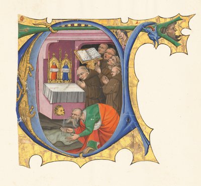 Initiale T mit einer Gruppe von Benediktinermönchen, die vor einem Altar singen, aus dem Wasser fließt von Master of the Cypresses