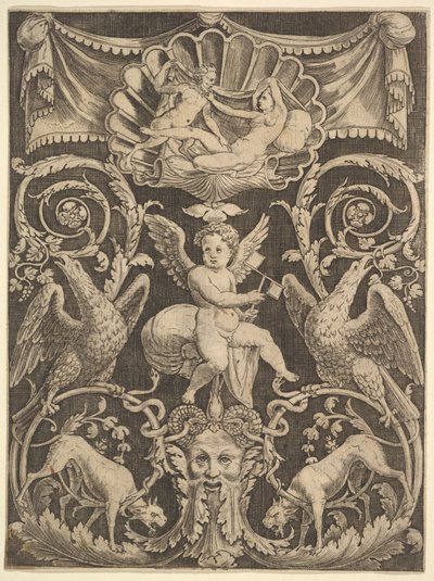 Ein Ornamentpanel mit einem Putto in der Mitte, der eine Windmühle hält, 1532 von Master of the Die